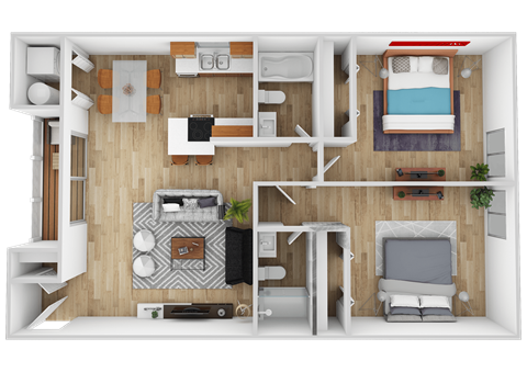 A top-down view of a small apartment with a bedroom, living room, and kitchen.